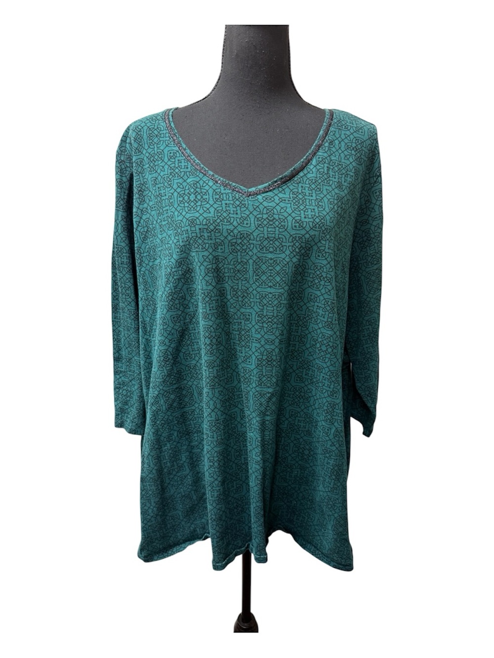 Catherines 2X Green Black Print Top V Neck Stretch Tunic Plus Size Casual